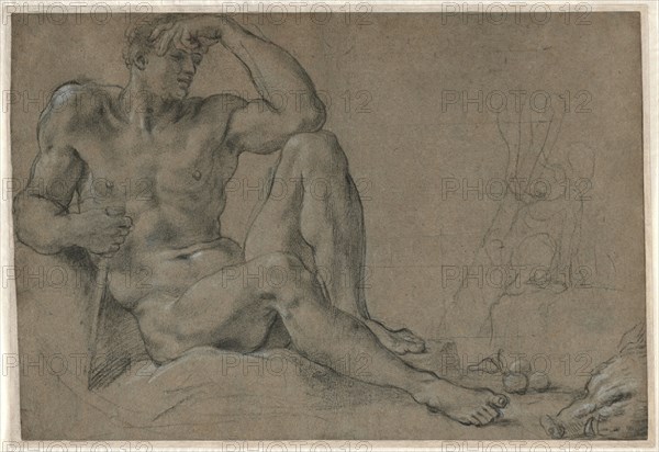 Hercules Resting (recto); Footed Vessel with Handle (verso), 1595-1597. Annibale Carracci (Italian, c. 1560-1609). Black chalk heightened with white, squared in black chalk on right, incised (edges of figure); sheet: 35.5 x 52.4 cm (14 x 20 5/8 in.); secondary support: 36.6 x 53.3 cm (14 7/16 x 21 in.); tertiary support: 38.3 x 55 cm (15 1/16 x 21 5/8 in.).