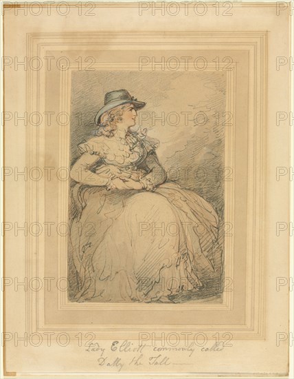 Lady Elliott, Commonly Called Dolly The Tall, 1775/1827. Thomas Rowlandson (British, 1756-1827). Graphite, pen and brown ink, and watercolor, heightened with traces of white gouache; image: 16.2 x 10.9 cm (6 3/8 x 4 5/16 in.); secondary support: 25.4 x 20 cm (10 x 7 7/8 in.).