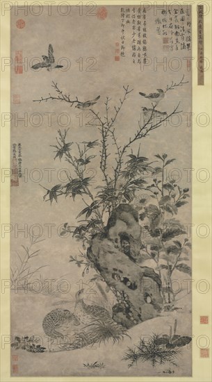 Quails and Sparrows in an Autumn Scene, 1347. Wang Yuan (Chinese, c. 1299-after 1366). Hanging scroll, ink on paper; painting: 114.3 x 56 cm (45 x 22 1/16 in.); overall with knobs: 267.5 x 85 cm (105 5/16 x 33 7/16 in.).