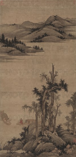Fishermen-Hermits in Stream and Mountain, 1300s. Wu Zhen (Chinese, 1280-1354). Hanging scroll, ink and color on silk; image: 87.2 x 42.8 cm (34 5/16 x 16 7/8 in.); overall: 229 x 59.3 cm (90 3/16 x 23 3/8 in.).