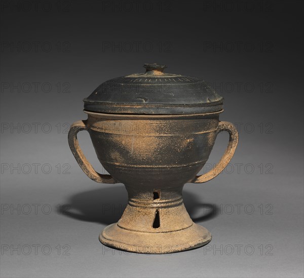 Lidded Cup with Strap Handles, 300s-400s. Korea, Kaya Period (42-562). Stoneware with natural ash glaze; overall: 21.1 cm (8 5/16 in.); outer diameter: 15.7 cm (6 3/16 in.).