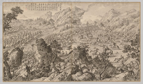 Battle at A'erchu'er: from Battle Scenes of the Quelling of Rebellions in the Western Regions, with Imperial Poems, c. 1765-1774; poem dated 1766. Jean Damascene Sallusti (Italian, d. 1781). Etching, mounted in album form, 16 leaves plus two additional leaves of inscriptions; overall: 51 x 87 cm (20 1/16 x 34 1/4 in.).