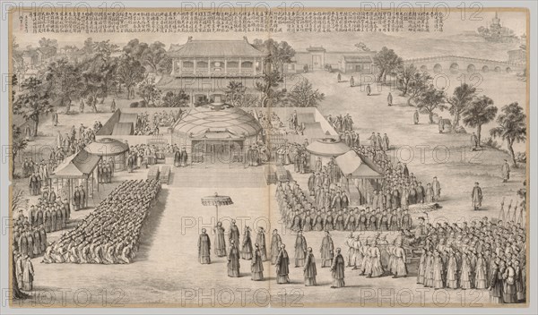The Victory Banquet: from Battle Scenes of the Quelling of Rebellions in the Western Regions, with Imperial Poems, c. 1765-1774; poem dated 1760. China, Qing dynasty (1644-1911), Qianlong reign (1736-1795). Etching, mounted in album form, 16 leaves plus two additional leaves of inscriptions; overall: 51 x 87 cm (20 1/16 x 34 1/4 in.).