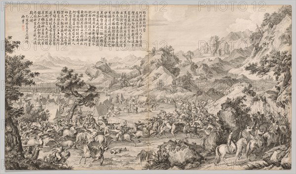 Attacking the Camp at Gatan Ola: from Battle Scenes of the Quelling of Rebellions in the Western Region, with Imperial Poems, c. 1765-1774; poem dated 1755. Giuseppe Castiglione (Italian, 1688-1766). Etching, mounted in album form, 16 leaves plus two additional leaves of inscriptions; overall: 51 x 87 cm (20 1/16 x 34 1/4 in.).