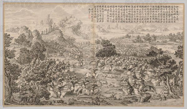 Victory at Heluo Heshi: from Battle Scenes of the Quelling of Rebellions in the Western Regions, with Imperial Poems, c. 1765-1774; poem dated 1758. Jean Denis Attiret (French, 1702-1768). Etching, mounted in album form, 16 leaves plus two additional leaves of inscriptions; overall: 51 x 87 cm (20 1/16 x 34 1/4 in.).