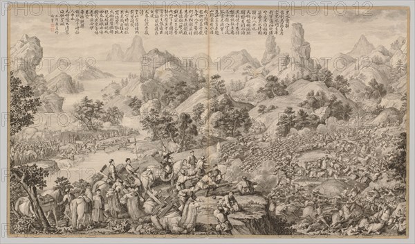 Breaking Through the Siege at Hesui: from Battle Scenes of the Quelling of Rebellions in the Western Regions, with imperial Poems, c. 1765-1774; poem dated 1759. Giuseppe Castiglione (Italian, 1688-1766). Etching, mounted in album form, 16 leaves plus two additional leaves of inscriptions; overall: 51 x 87 cm (20 1/16 x 34 1/4 in.).