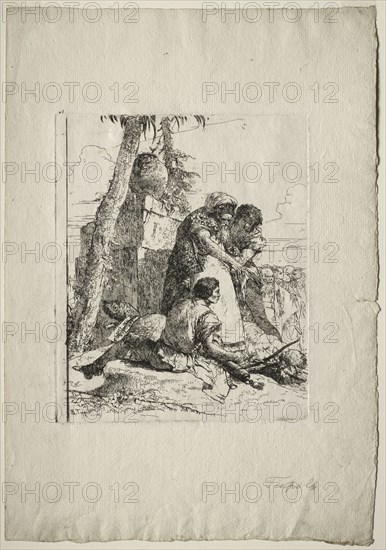 Scherzi di Fantasia: Magician Pointing Out a Burning Head to Two Youths, 1750s. Giovanni Battista Tiepolo (Italian, 1696-1770). Etching; sheet: 39 x 27.1 cm (15 3/8 x 10 11/16 in.); platemark: 22.6 x 18.5 cm (8 7/8 x 7 5/16 in.)