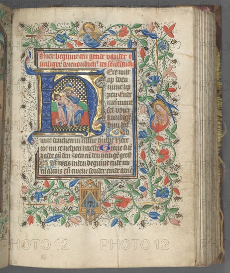 Book of Hours (Use of Utrecht): fol. 63r, Initial with Holy Trinity, c. 1460-1465. Master of Gijsbrecht van Brederode (Netherlandish), and Master of the Boston City of God (Netherlandish). Ink, tempera, and gold on vellum; binding:  brown Morocco over original wooden boards; overall: 5.9 x 11.6 cm (2 5/16 x 4 9/16 in.)
