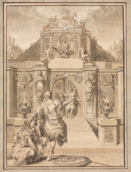 Perseus and Minerva before a Temple, first third 18th century?. Jan Goeree (Dutch, 1670-1731). Pen and brown ink, brush and brown and gray wash, over traces of red chalk, heightened with white gouache; framing lines in brown ink; sheet: 21.4 x 15.8 cm (8 7/16 x 6 1/4 in.); secondary support: 25.5 x 19.7 cm (10 1/16 x 7 3/4 in.).