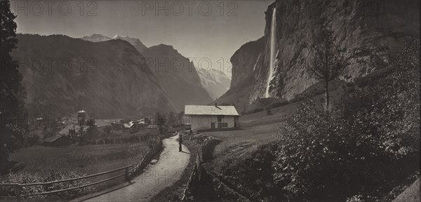 Valley of Lauterbrunnen, Switzerland (from the album Charbons de Braun- vues prises avec l'objectif panoramique mobile, 1868), c. 1868. Adolphe Braun (French, 1812-1877). Carbon print; image: 22.8 x 47.7 cm (9 x 18 3/4 in.); mounted: 37 x 58.8 cm (14 9/16 x 23 1/8 in.); matted: 45.7 x 76.2 cm (18 x 30 in.)