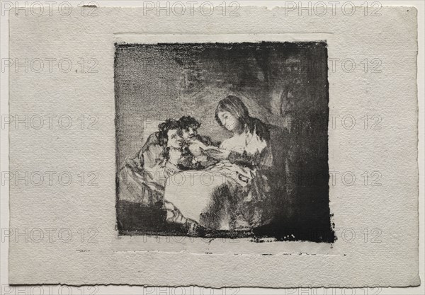Woman Reading to Two Children, 1824-1825. Francisco de Goya (Spanish, 1746-1828). Lithograph; sheet: 16.5 x 24.6 cm (6 1/2 x 9 11/16 in.); image: 11.5 x 13 cm (4 1/2 x 5 1/8 in.); platemark: 13.1 x 13.4 cm (5 3/16 x 5 1/4 in.)