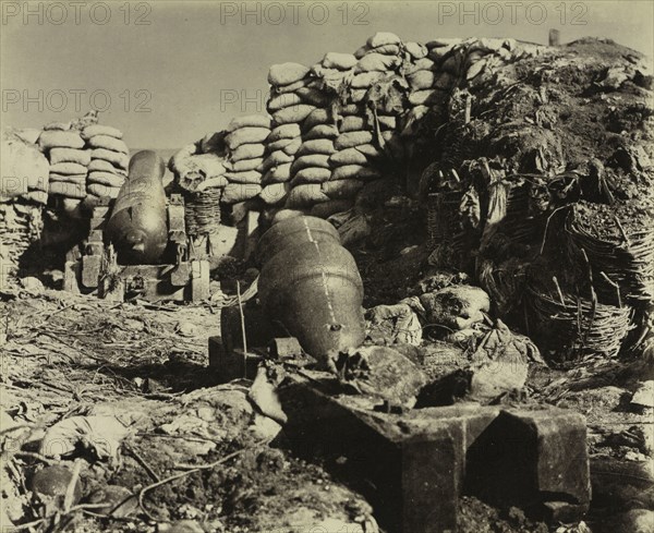Battery, Malakoff, 1855. Leon-Eugéne Méhédin (French, 1828-1905), Col. Charles Langlois (French, 1789-1870). Varnished salt or albumen print from waxed paper negative; image: 25.9 x 31.7 cm (10 3/16 x 12 1/2 in.); mounted: 42.5 x 53.1 cm (16 3/4 x 20 7/8 in.); matted: 50.8 x 61 cm (20 x 24 in.).