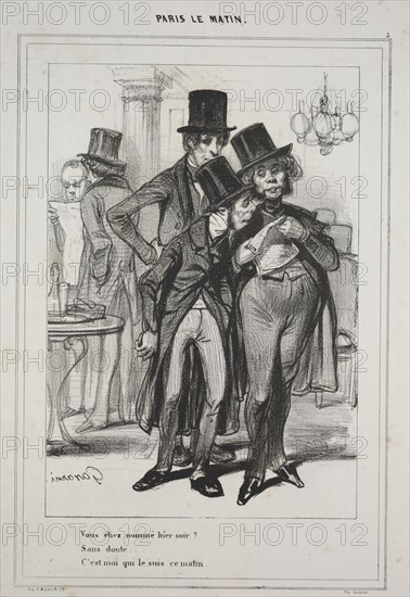 "Vous étiez nommé hier soir?...," from the series Paris Le Matin, 1839. Paul Gavarni (French, 1804-1866). Lithograph; sheet: 35.9 x 27.6 cm (14 1/8 x 10 7/8 in.); image: 27.9 x 18.9 cm (11 x 7 7/16 in.)