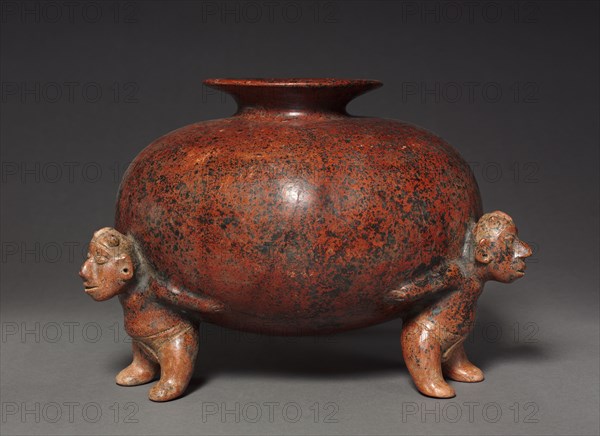 Vessel with Crested Atlantean (Supporting) FIgures, 200 BC-300. West Mexico, Colima, Comala style (200 BC-AD 300). Earthenware with colored slip, black burial deposits; diameter: 24.5 x 33.5 cm (9 5/8 x 13 3/16 in.); overall: 22.9 cm (9 in.).