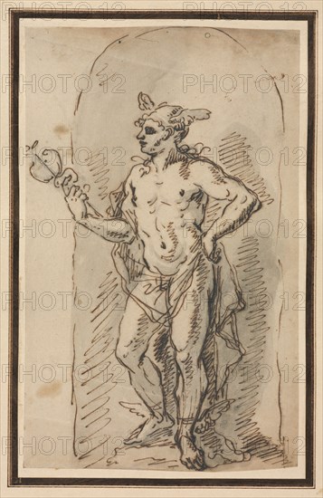 Mercury, 18th century. Anonymous. Pen and brown ink and brush and gray wash over graphite; sheet: 22.2 x 13.8 cm (8 3/4 x 5 7/16 in.); secondary support: 27.2 x 18.1 cm (10 11/16 x 7 1/8 in.).