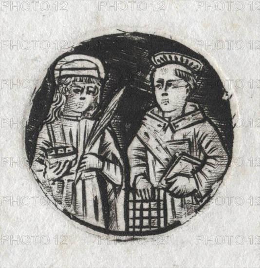St. Lawrence and St. Lucy, c. 1487. Italy, 19th century. Round niello engraving; sheet: 3.6 x 3.5 cm (1 7/16 x 1 3/8 in.); platemark: 2.3 cm (7/8 in.)