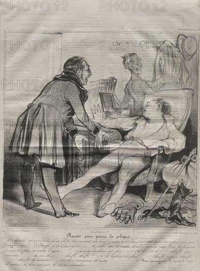 published in le Charivari (no. du 14 janivier 1838): Caricaturana, plate 72: Recipe to Cure Colic, January 14, 1838. Honoré Daumier (French, 1808-1879), Aubert. Lithograph; sheet: 35.9 x 25.1 cm (14 1/8 x 9 7/8 in.); image: 23.2 x 23.1 cm (9 1/8 x 9 1/8 in.).