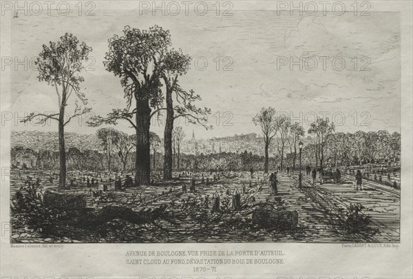 Souvenirs artistiques du Siége du Paris: Avenue de Boulogne, Vue Prise de la porte d'Auteuil, St. Cloud au fond, Dévastation du Bois de Boulogne, 1879-81. Maxime Lalanne (French, 1827-1886), Cadant and Luce. Etching; sheet: 28.7 x 43.2 cm (11 5/16 x 17 in.); platemark: 15.8 x 23.6 cm (6 1/4 x 9 5/16 in.).