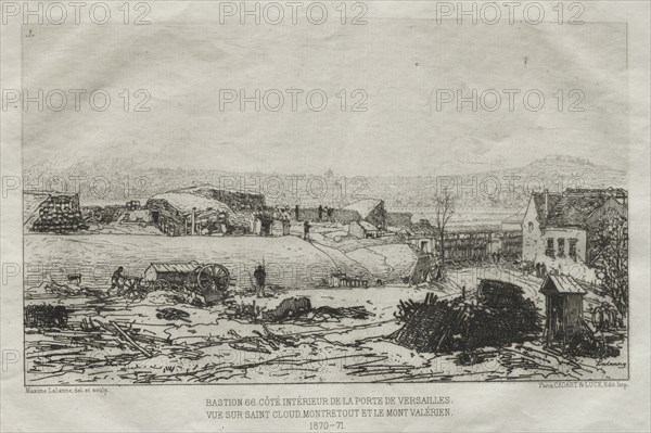 Souvenirs artistiques du Siège de Paris: Bastiene 66. Côté Interieur de la Porte De Versaille vue sur Saint Cloud, Montretout et le Mont Valérien. Maxime Lalanne (French, 1827-1886). Etching; sheet: 28.6 x 43.6 cm (11 1/4 x 17 3/16 in.); platemark: 15.8 x 23.6 cm (6 1/4 x 9 5/16 in.).