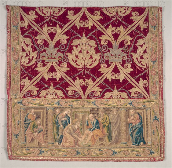 Embroidered Sleeve from a Dalmatic, 1500-1525. Italy, Florence, 16th century. Silk, gold and silver thread; velvet, embroidery: or nué, split, satin, and couching stitches; overall: 55.7 x 56.3 cm (21 15/16 x 22 3/16 in.)