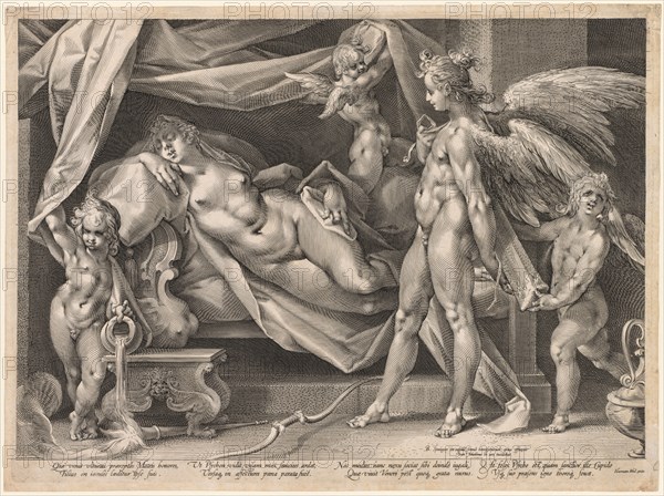 Cupid and Psyche, c. 1600. Jan Muller (Dutch, 1571-1628), after Bartholomaeus Spranger (Flemish, 1546-1611). Engraving; sheet: 39.9 x 53.7 cm (15 11/16 x 21 1/8 in.); platemark: 38.5 x 52.5 cm (15 3/16 x 20 11/16 in.)