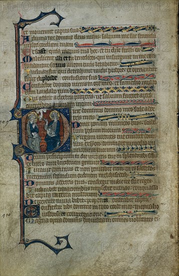 Leaf from a Psalter: Historiated Initial D with The Trinity, c.1310. Follower of Master of the Queen Mary Psalter (English). Ink, tempera and gold on vellum; each leaf: 26.7 x 17.5 cm (10 1/2 x 6 7/8 in.)