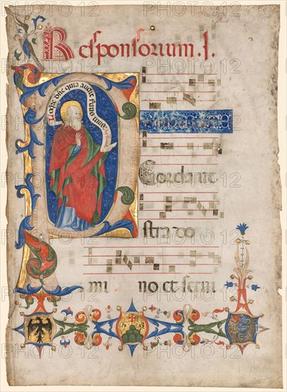 Leaf from an Antiphonary: Historiated Initial P with the Prophet Samuel; Arms of the Visconti Family and the Olivetan Order, c. 1439-1447. Olivetan Master (Italian). Ink, tempera and gold on vellum; each leaf: 59.3 x 42.7 cm (23 3/8 x 16 13/16 in.).