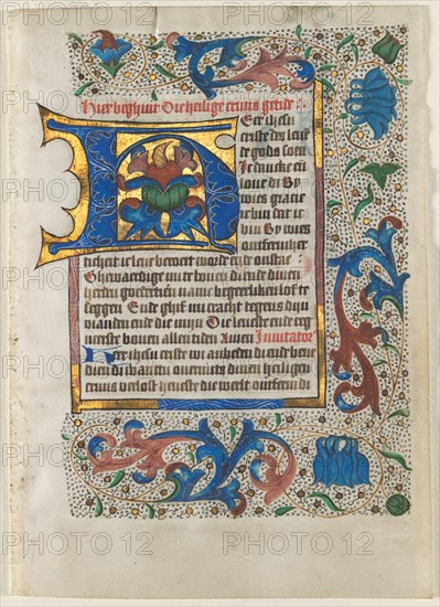 Leaf Excised from a Book of Hours: Decorated Initial H, c. 1470-1480. Related to Masters of the Zwolle Bible (Netherlandish). Ink, tempera, and gold on vellum; each leaf: 17.5 x 12.3 cm (6 7/8 x 4 13/16 in.)