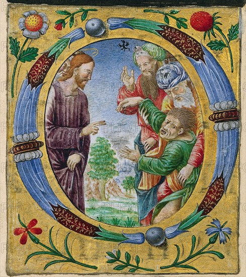 Cutting from a Missal: Initial O with Christ Performing an Exorcism, c. 1520. Matteo da Milano (Italian). Ink, tempera and liquid gold on vellum; each leaf: 7.7 x 6.7 cm (3 1/16 x 2 5/8 in.)