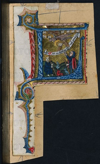 Three Cuttings from a Missal: Initial L with the Annunciation to the Shepherds, c. 1470-1500. Germany, Franconia or Saxony (?) or Silesia (?), 15th century. Ink, tempera and gold on vellum; each leaf: 17.6 x 9 cm (6 15/16 x 3 9/16 in.)