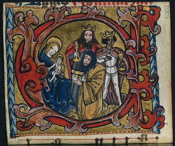 Three Cuttings from a Missal: Initial C with the Adoration of the Magi, c. 1470-1500. Germany, Franconia or Saxony (?) or Silesia (?), 15th century. Ink, tempera and gold on vellum; each leaf: 9.4 x 8 cm (3 11/16 x 3 1/8 in.)