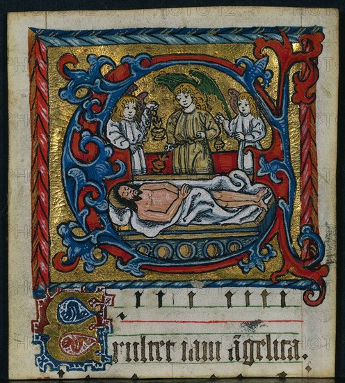 Three Cuttings from a Missal: Initial E with the Angels of the Entombment, c. 1470-1500. Germany, Franconia or Saxony (?) or Silesia (?), 15th century. Ink, tempera and gold on vellum; each leaf: 11 x 9.7 cm (4 5/16 x 3 13/16 in.)