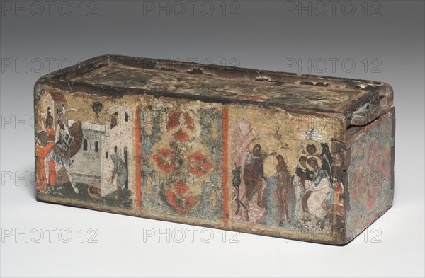 Reliquary Box with Scenes from the Life of John the Baptist, 1300s. Byzantium, Constantinople, late Byzantine period, 14th century. Tempera and gold on wood; overall: 9 x 23.5 x 9 cm (3 9/16 x 9 1/4 x 3 9/16 in.)