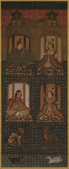 Koya Myojin (Mandala of the Four Deities of Mt. Koya), 16th century. Japan, Muromachi period (1392-1573). Hanging scroll, ink, color and cut gold foil on silk; overall: 178.6 x 56.3 cm (70 5/16 x 22 3/16 in.); painting only: 97.5 x 39.3 cm (38 3/8 x 15 1/2 in.).