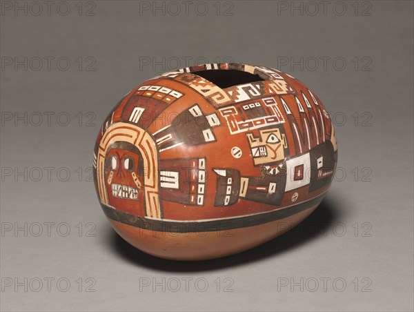 Container with Deity Head and Winged Attendants, 600-1000. Central Andes, central coast, coastal Wari style. Ceramic and slip; overall: 16.6 x 16.9 x 21.8 cm (6 9/16 x 6 5/8 x 8 9/16 in.).