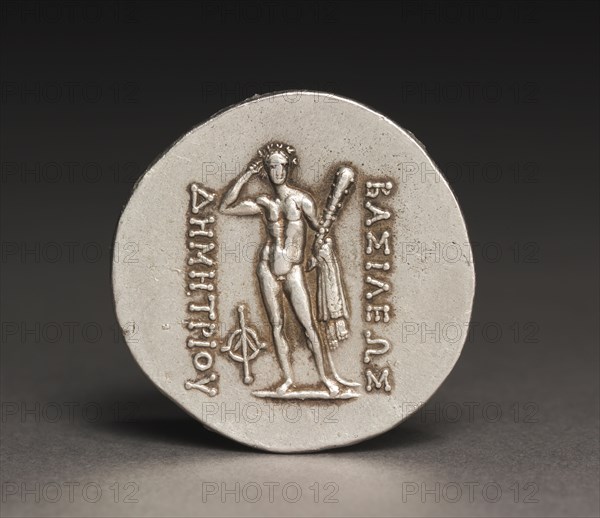 Coin of Demetrios, I (reverse), 200-190 BC. Afghanistan, Bactria, Bactrian period (3rd-2nd century BC), Demetrios I. Silver; diameter: 3.3 cm (1 5/16 in.).