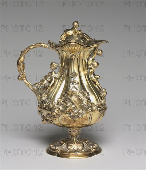 Ewer, c. 1845. Jean-Valentin Morel (French, 1794-1860), Jules Dieterle (French, 1811-1889), Jules Klagmann (French, 1810-1867). Gilded silver; overall: 21.4 x 15 x 12.8 cm (8 7/16 x 5 7/8 x 5 1/16 in.).