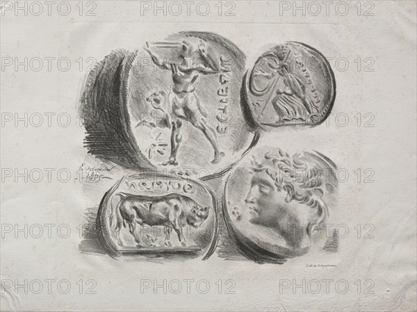 Sheet of Four Antique Medals, 1825. Eugène Delacroix (French, 1798-1863). Lithograph; sheet: 23.5 x 31.4 cm (9 1/4 x 12 3/8 in.); image: 17.2 x 19.4 cm (6 3/4 x 7 5/8 in.)