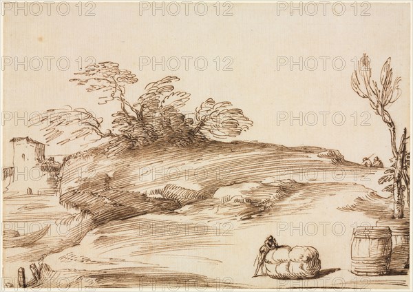Landscape with a Man Leaning on a Bale, c. 1640. Guercino (Italian, 1591-1666). Pen and brown ink; sheet: 18.5 x 26.3 cm (7 5/16 x 10 3/8 in.).