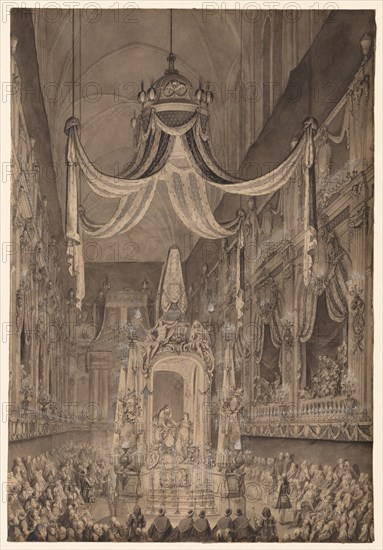 Funeral for Marie-Thérèse of Spain, Dauphine of France, in the Church of Nôtre Dame, Paris, on November 24, 1746, c. 1746. Charles-Nicolas Cochin (French, 1715-1790). Pen and black ink and gray wash heightened with white gouache on cream laid paper, incised (with graphite) for transfer; sheet: 45 x 30.9 cm (17 11/16 x 12 3/16 in.).