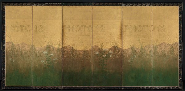 Autumn Evening with Full Moon on Musashino Plain, early 1600s. Japan, Edo period (1615-1868). One of a pair of six-fold screens; ink, color, and gold and silver foil on gilded paper; image: 170.2 x 346.7 cm (67 x 136 1/2 in.).