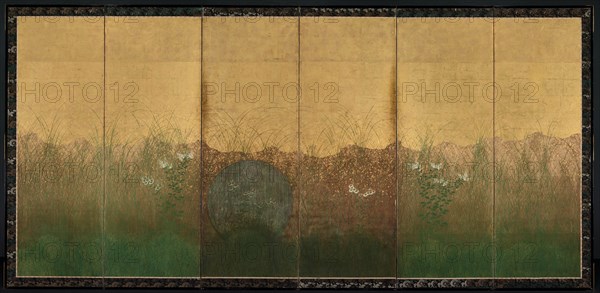 Autumn Evening with Full Moon on Musashino Plain, early 1600s. Japan, Edo period (1615-1868). One of a pair of six-fold screens; ink, color, and gold and silver foil on gilded paper; image: 170.2 x 346.7 cm (67 x 136 1/2 in.).