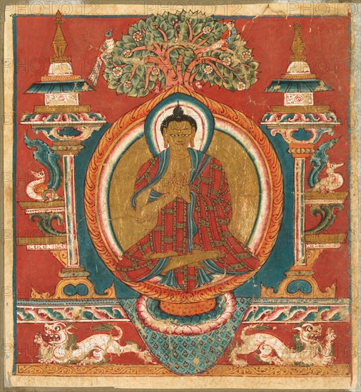 Preaching Sakyamuni, 1000s. Western Tibet, Toling Monastery, 11th century. Miniature votive painting (tsai-kali); ink, color, and gold on paper; overall: 11.6 x 10.7 cm (4 9/16 x 4 3/16 in.).