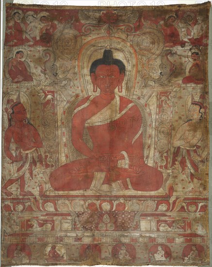 Seated Amitabha with Attendants, c. 1100s. Tibet, Western Himalayas, from Tabo Monastery, 12th century. Thanka: color on fabric; image: 78.2 x 62.9 cm (30 13/16 x 24 3/4 in.); overall: 100 x 66.7 cm (39 3/8 x 26 1/4 in.).