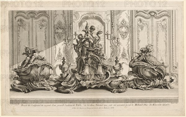 Works of Juste-Aurele Meissonier (Oeuvre de Juste- AurPle Meissonier), plate 115: Works of Juste-Aurèle Meissonier:  Silver Sculptural Project for a Large Centerpiece and Two Tureens Which Have Been Executed for His Lordship the Duke of Kingston, c. 1735-1737. Gabriel Huquier (French, 1695-1772), after Juste-Aurèle Meissonnier (French, 1695-1750). Etching; sheet: 42 x 66.8 cm (16 9/16 x 26 5/16 in.); platemark: 38 x 64 cm (14 15/16 x 25 3/16 in.)