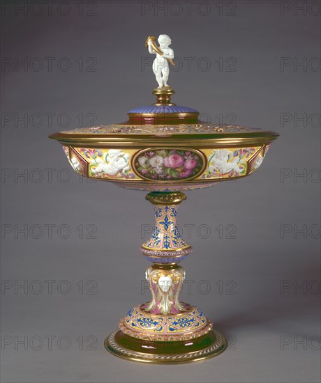 Covered Cup, 1844. Sèvres Porcelain Manufactory (French, est. 1740), Hyacinthe-Jean Regnier (French, 1803-1870), Francois-Hubert Barbin (French, 1786-), Jacques-Nicolas Sinsson (French). Porcelain; diameter: 35.6 cm (14 in.); overall: 49 cm (19 5/16 in.).