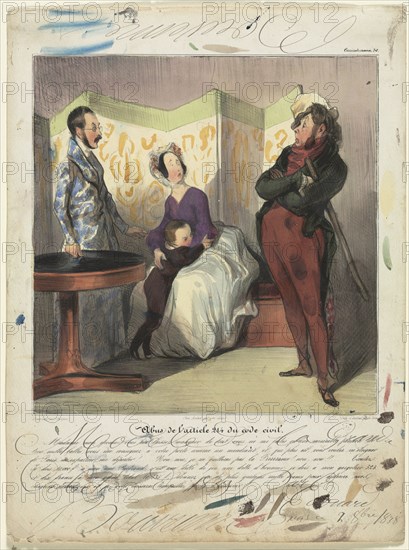 Plate 50 from 'Caricaturana' (Les Robert Macaire). Published in le Charivari, May 28, 1837: Caricaturana (plate 50): Breach of Civil Code Article 24, 1837. Honoré Daumier (French, 1808-1879), Edouard Bouvenne (French). Lithograph hand-colored with watercolor by Edouard Bouvenne; sheet: 35.5 x 26.5 cm (14 x 10 7/16 in.); image: 24 x 23 cm (9 7/16 x 9 1/16 in.).