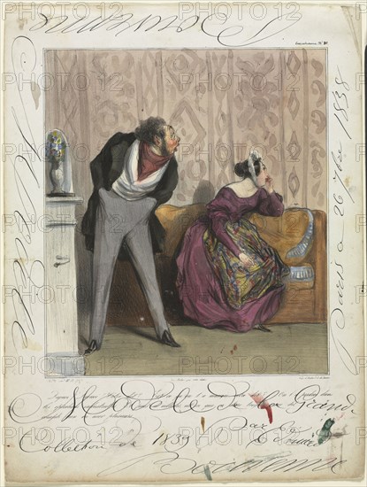 Plate 36 from 'Caricaturana' (Les Robert Macaire). Published in le Charivari, March 19, 1837: Caricaturana (plate 36): From What! From What! Your Dowry?..., 1837. Honoré Daumier (French, 1808-1879), published in Charivari (issue of 19/3/1837), Edouard Bouvenne (French). Lithograph hand-colored with watercolor; sheet: 35.8 x 27.1 cm (14 1/8 x 10 11/16 in.); image: 24.7 x 21.4 cm (9 3/4 x 8 7/16 in.).