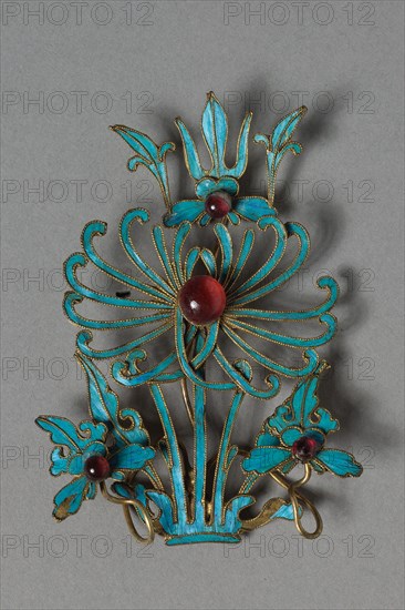 Headdress Ornament, 1800s-1900s. China, Qing dynasty (1644-1911). Gilt copper-silver alloy decorated with kingfisher feathers and glass beads; overall: 7.2 x 5.1 cm (2 13/16 x 2 in.).