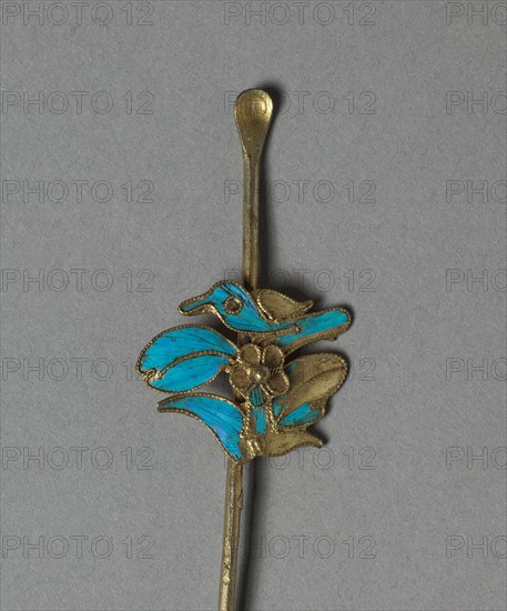 Headdress Ornament, 1700s or 1800s. China, Qing dynasty (1644-1911). Made from a copper-silver alloy, some with gilding, and decorated with kingfisher feathers and glass beads; overall: 11.5 x 2.1 cm (4 1/2 x 13/16 in.).
